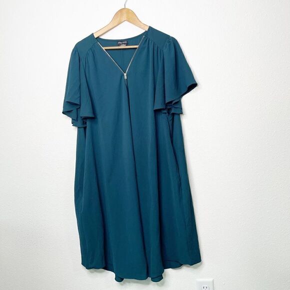 City Chic Women’s Emerald Green Short Sleeve Zip V Neck Dress Size XL / 22 - Picture 1 of 10